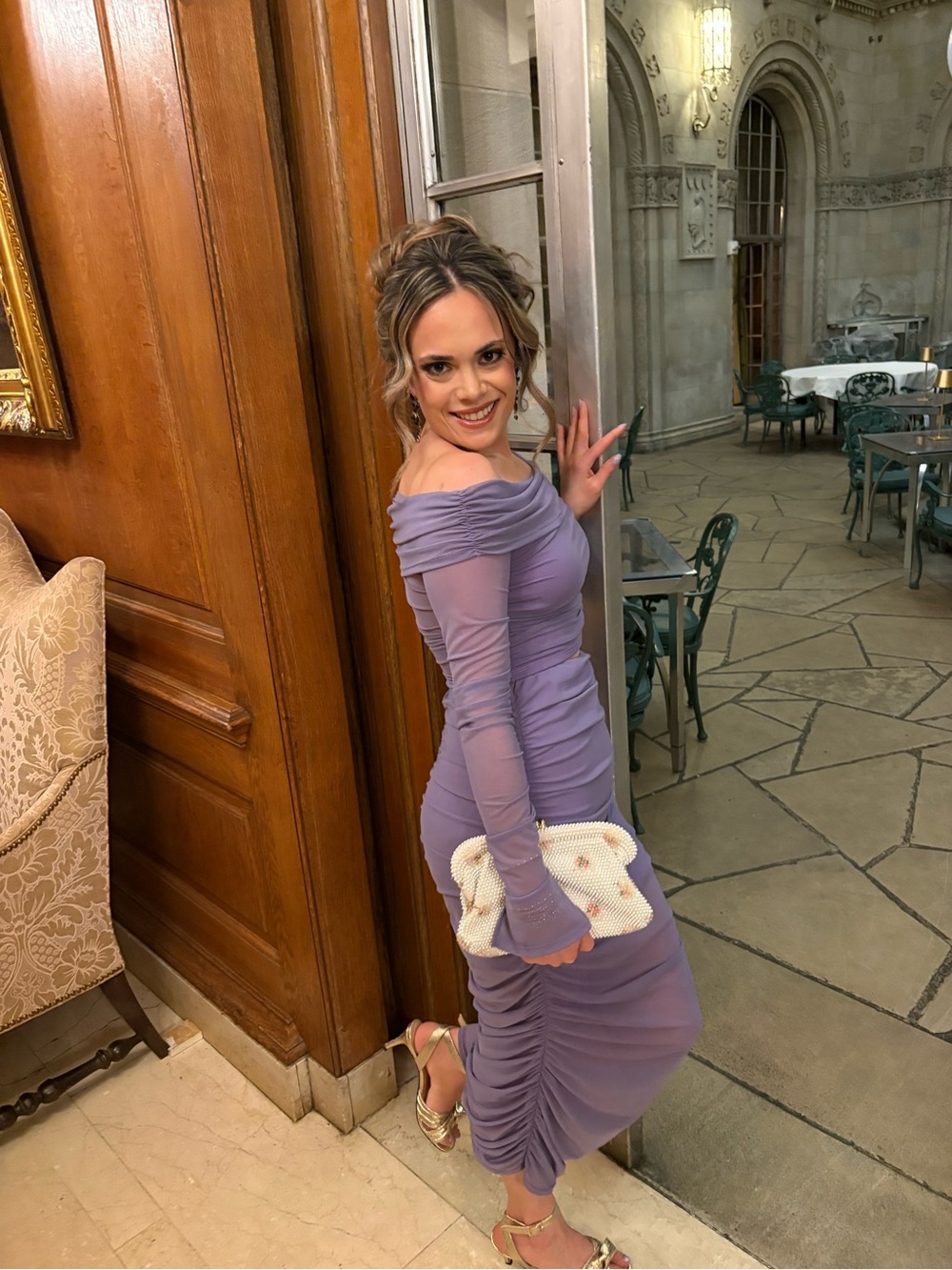 Off-Shoulder Lavender Ruched Long-Sleeve Midi Dress